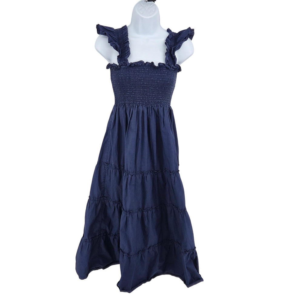 Smocked Ruffle Strap Midi Dress in Navy